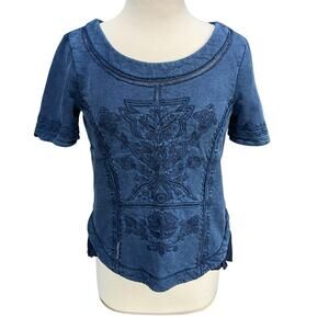 ANTHRO Huesca French Terry Embroidered Top Sz M Indigo Boho Mixed Media Ruffle